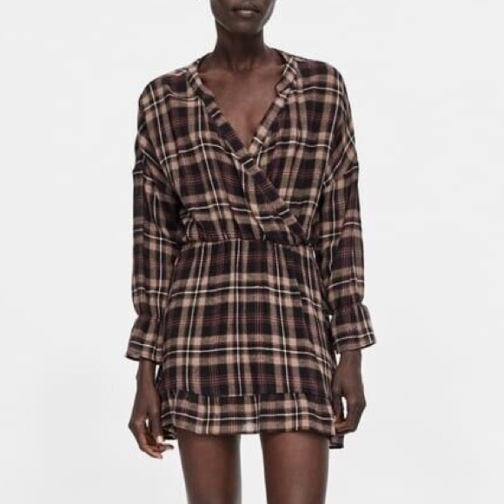 Plaid V-neck Long Sleeve Dress